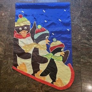 Vtg Sledding Penguins Appliqué House Flag 1997 NCE 100% Nylon 27” X 42”